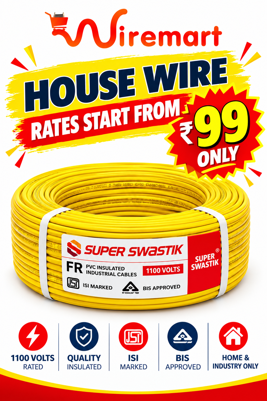 ₹99 Only - Super Swastik FR Copper House Wire (1100V, BIS Approved)